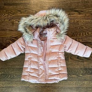 H&M pink puffer jacket, faux fur trim, 3T